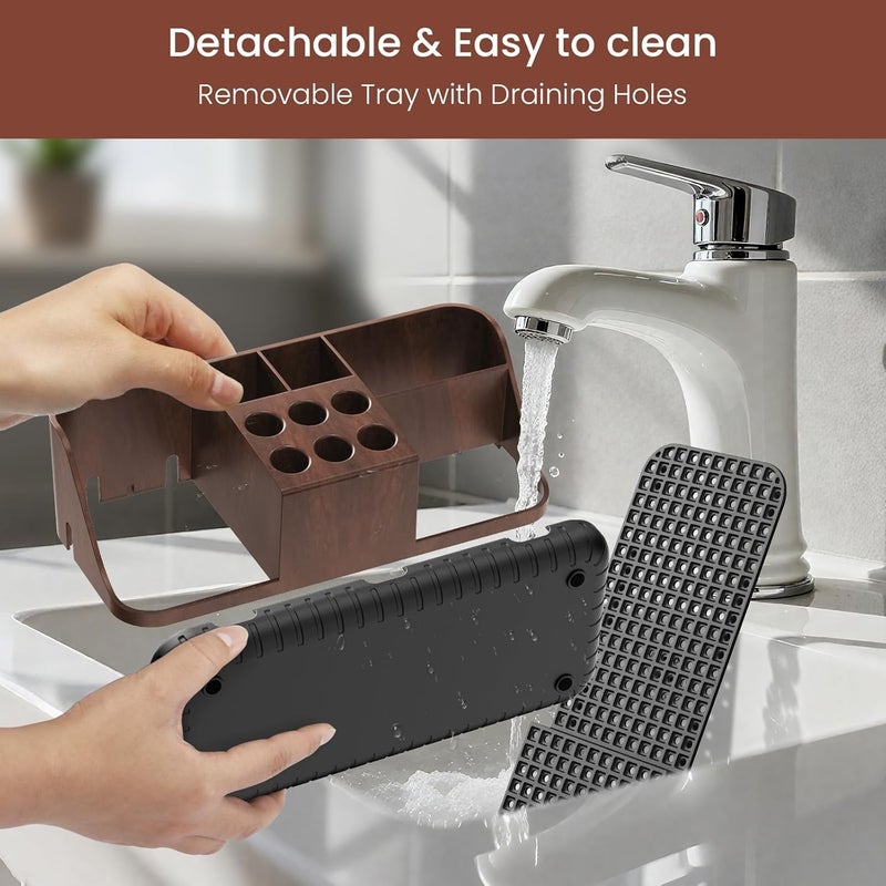 Boperzi Bathroom Counter Organizer for Vanity & Sink Storage: Detachable Electric Toothbrush and Toothpaste Holder, Water Flosser Holder, Bathroom Decor and Accessories Organization Set(Walnut Black) - Image 5